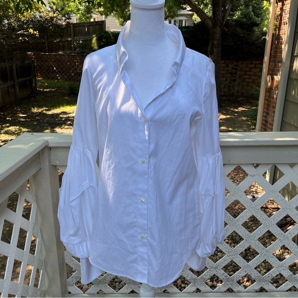 Petersyn White Cotton Medium‎ Blouse Buttons LS Puffy Sleeves Open Neck Collar - Picture 4 of 11